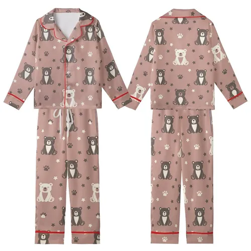 Cozy Bear Lover: Dusty Rose Taupe Whimsical Cartoon Bear Paw Print Comfort Wear Kid Satin Pajamas Set