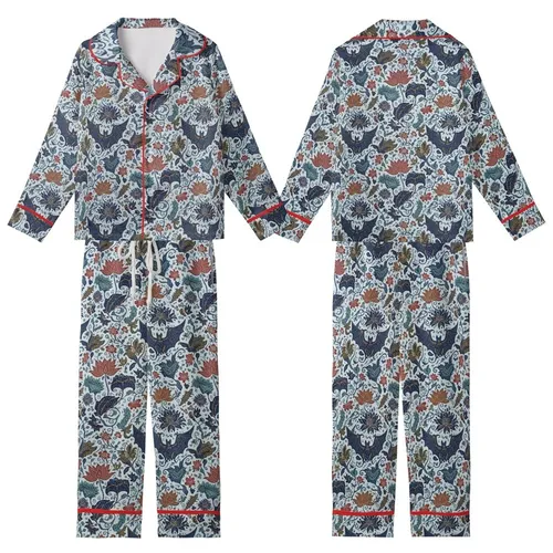 Seamless Batik Artwork: Stylized Bat Lotus Vine Repeat Pattern - Muted Indigo Design Kid Satin Pajamas Set