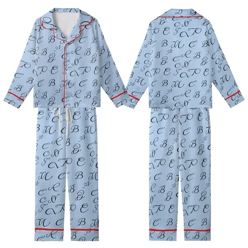 Elegant Monogram Style: Sky Blue Hand-Drawn Initial Pattern - Seamless Print Design Kid Satin Pajamas Set