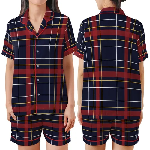 Classic Tartan Plaid: Deep Navy Crimson Red Gold Geometric Pattern - Heritage Style Motif Satin Short-Sleeve Pajamas Set
