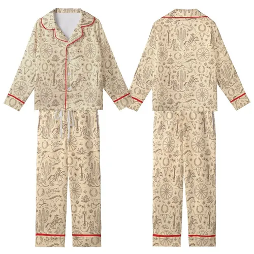 Women's Western Pajama Set: Vintage Galloping Horses & Desert Cactus Art - Poly-Spandex Comfort Kid Satin Pajamas Set