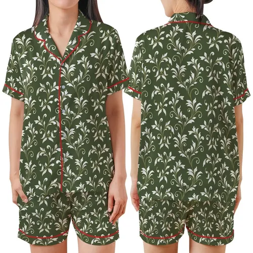 Bridesmaid Wedding Party: Olive Green Botanical Vine White Gold Lined Rayon Sleep Set Satin Short-Sleeve Pajamas Set