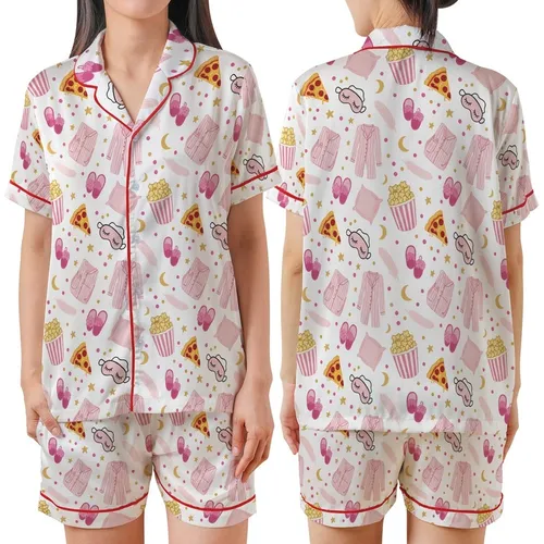 Slumber Party Pajamas: Whimsical Pink Pizza, Popcorn, Sleep Mask & Star Pattern - Cozy Sleepwear Satin Short-Sleeve Pajamas Set