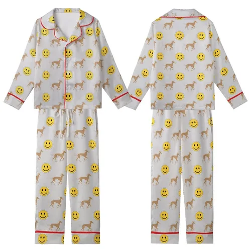 Italian Greyhound Dog: Minimalist Fawn-Tan & Smiley Pattern - Warm Meury Mesh Sleep Jumpsuit Kid Satin Pajamas Set