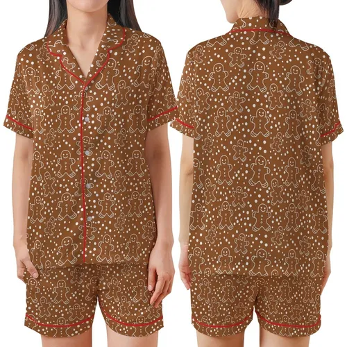 Cheerful Gingerbread Pattern Print: Whimsical Cookie Figures & White Dots Design Satin Short-Sleeve Pajamas Set