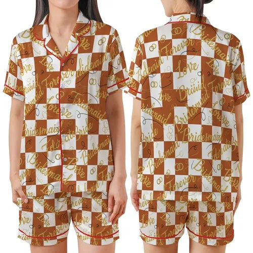 Bride Bridesmaid Personalized Satin Pajamas: Gold Script Rust Orange White Sleep Set Satin Short-Sleeve Pajamas Set