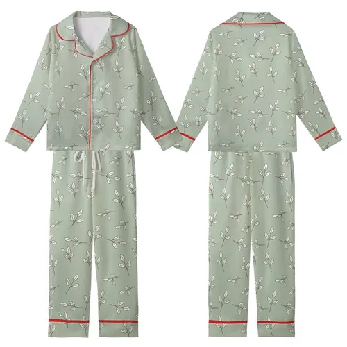 Women's Elegant Minimalist Botanical Sprigs Muted Sage Green Off-White Pattern Kid Satin Pajamas Set