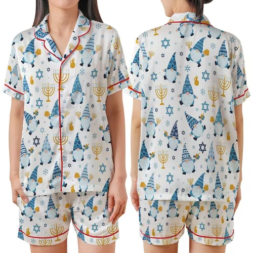 Hanukkah Celebrators' Whimsical Gnomes, Dreidels & Menorahs All-Over Print in Blue, Gold & White Satin Short-Sleeve Pajamas Set