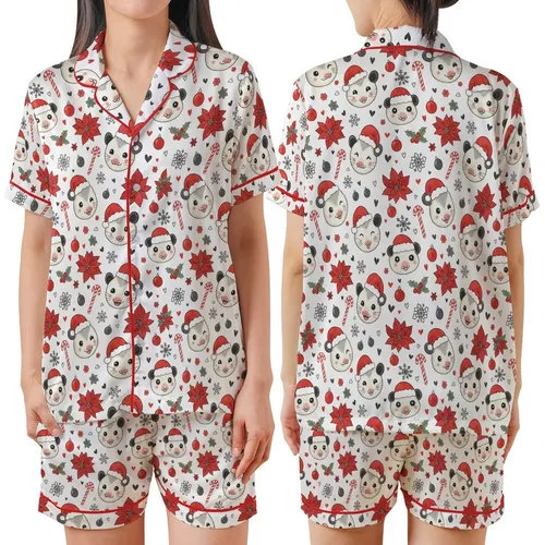 Holiday Animal Lovers' Whimsical Opossum Santa Hat Red & White Christmas Pattern with Poinsettias, Holly & Snowflakes Satin Short-Sleeve Pajamas Set