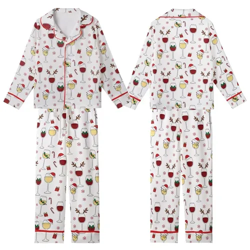 Holiday Wine Lovers Red & White Whimsical Christmas Wine Glass Pattern Adorned with Santa Hats, Holly, Candy Canes & Gifts Kid Satin Pajamas Set