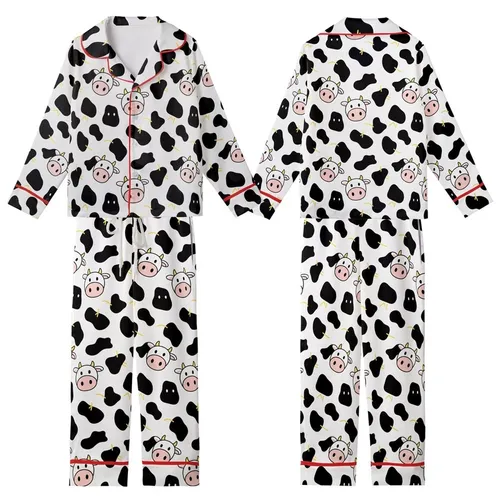 Playful Style Enthusiasts' Cheerful Minimalist Cow Spot Pattern with Pink Muzzles & Yellow Horns Kid Satin Pajamas Set