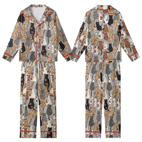 Cat Lovers' Whimsical Hand-Drawn Back View Cats Beige Tan Brown Black White Grey Scattered Pattern Kid Satin Pajamas Set