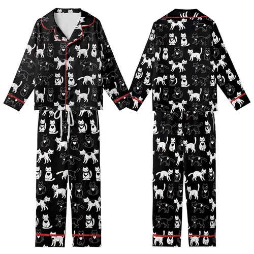 Cat Lovers' Monochrome Playful Cats Yin-Yang Heart Design Minimalist Graphic Art Kid Satin Pajamas Set