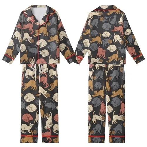 Cat Lovers' Whimsical Flat Art Cats Pattern in Muted Greys Cream Rose Terracotta on Dark Charcoal Kid Satin Pajamas Set