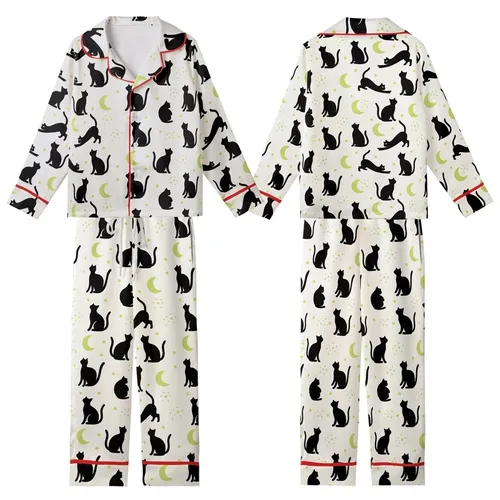 Cat Lovers' Minimalist Black Cat Silhouette Playful Poses Off-White Pale Lime Green Moon Star Pattern Kid Satin Pajamas Set