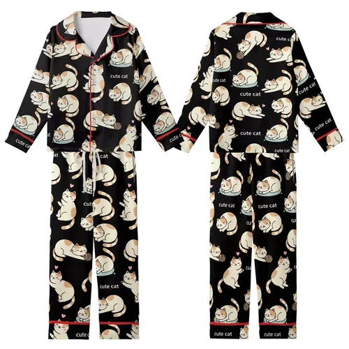 Cat Lovers' Seamless Black Kawaii Flat 2D Cartoon Cats Playful Sleepy Tan Brown White Pink Outline Pattern Kid Satin Pajamas Set