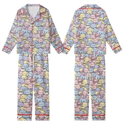 Kids' Sweet Pastel Pink Blue Yellow Lavender All-Over Cartoon Cats Bears Bunnies Pattern with Heart Glasses Bows Kid Satin Pajamas Set