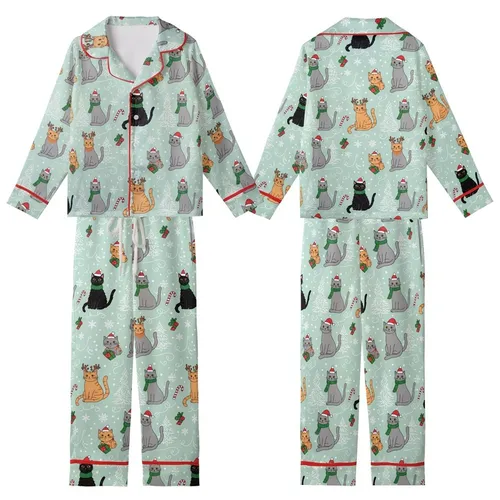 Festive Cat Lovers' Whimsical Mint Green Christmas Cats Pattern with Red Santa Hats & Holly Kid Satin Pajamas Set