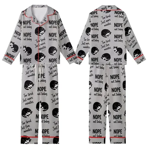 Cat Lovers' Heather Gray Black White Cartoon Tuxedo Cat Sleepy Pose Flat Graphic Seamless Pattern with Humorous 'NOPE Not Today' Text Kid Satin Pajamas Set