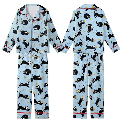 Cat Lovers' Whimsical Black Cartoon Cats Golden Yarn Paw Prints Light Sky Blue Pattern Kid Satin Pajamas Set