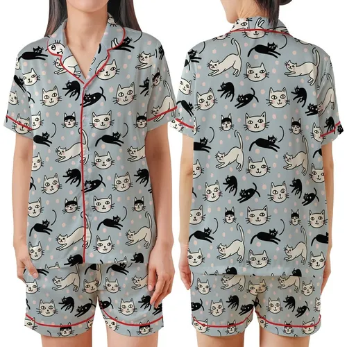 Cat Lovers' Minimalist Abstract Cat Faces Black Line Art Light Blue-Grey Pink Dot Pattern Satin Short-Sleeve Pajamas Set