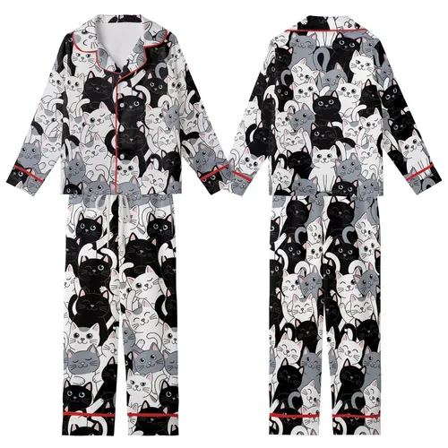 Feline Enthusiasts' Interlocking Black White Gray Cartoon Cat Faces Paws Tails Pattern Pink Accents Kid Satin Pajamas Set