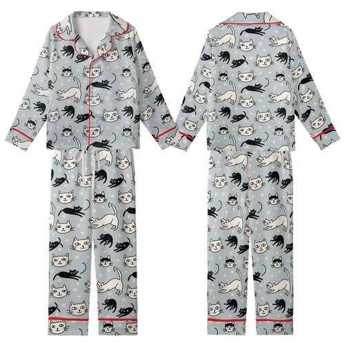 Cat Lovers' Minimalist Abstract Cat Faces Black Line Art Light Blue-Grey Pink Dot Pattern Kid Satin Pajamas Set