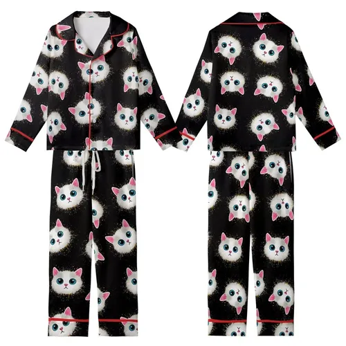 Cat Lovers' Illustrative Grunge Curious Cat Faces Blue Eyed Scattered Pattern Colorful Paint Splatters Black Kid Satin Pajamas Set