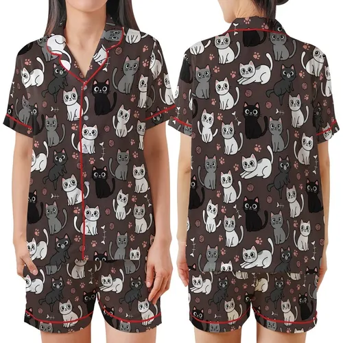 Cat Lovers' Playful Cartoon Cat All-Over Pattern with White, Grey, Black, Pink on Chocolate Brown Satin Short-Sleeve Pajamas Set