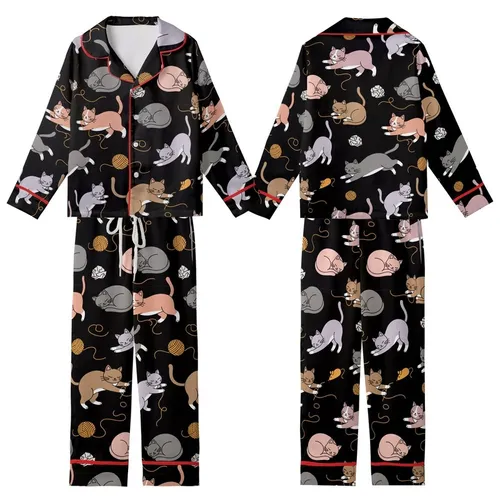 Cat Lovers' Whimsical Black Playful Hand-Drawn Cartoon Cats Seamless Pattern with Muted Greys Pink Lavender & Orange Accents Kid Satin Pajamas Set
