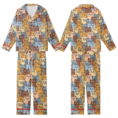 Pet Lovers' Whimsical Hand-Drawn Cartoon Cats & Dogs All-Over Pattern with Golden Orange, Pastel Blue & Earth Tones Kid Satin Pajamas Set