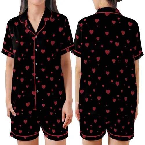 Women's Solid Black Minimalist Muted & Cherry Red Scattered Hearts Long Sleeve Cotton-Blend Sleep Set Satin Short-Sleeve Pajamas Set