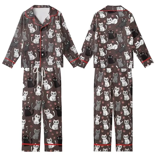 Cat Lovers' Playful Cartoon Cat All-Over Pattern with White, Grey, Black, Pink on Chocolate Brown Kid Satin Pajamas Set