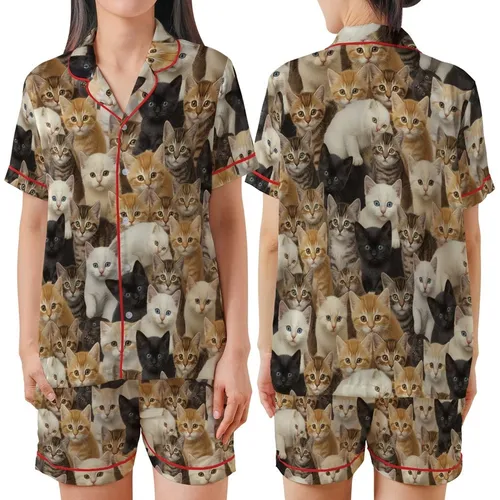 Children's Realistic Photo Kitten Collage Pattern Fleece Pajamas Set Satin Short-Sleeve Pajamas Set