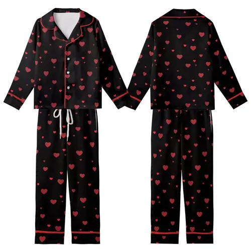 Women's Solid Black Minimalist Muted & Cherry Red Scattered Hearts Long Sleeve Cotton-Blend Sleep Set Kid Satin Pajamas Set