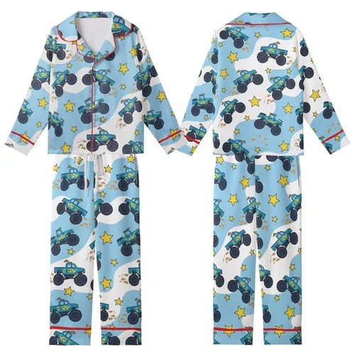 Youthful Blue Monster Truck Action Print: Yellow Flames, Mud Splatters & Star Design Kid Satin Pajamas Set