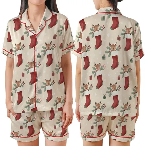 Festive Whimsy: Baby Reindeer Stocking Watercolor Christmas Design Satin Short-Sleeve Pajamas Set