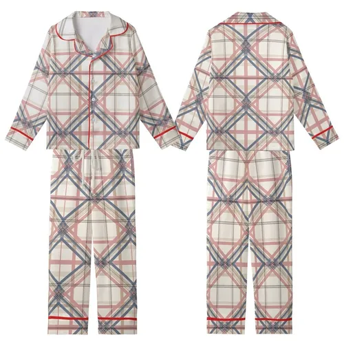 Bridesmaid & Family Matching Pajamas: Cream Rose Blue Tan Plaid Sleep Set Kid Satin Pajamas Set