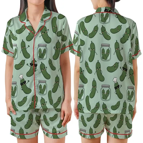 Pickle Lover's Whimsy: Hand-Drawn Smiling Chef Pickles & Jars Seamless Design Satin Short-Sleeve Pajamas Set