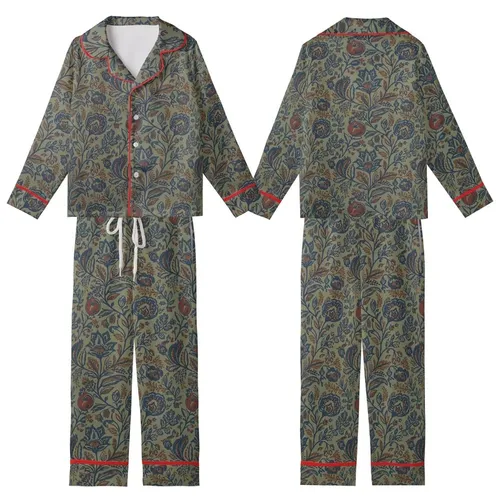 Women's Olive Green Indigo Botanical Pure Cotton Pajamas Set: Floral Block Print Loungewear Kid Satin Pajamas Set
