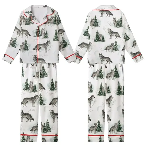 Winter Wolf Pack: Hand-Painted Watercolor Snowy Forest Seamless Art Kid Satin Pajamas Set