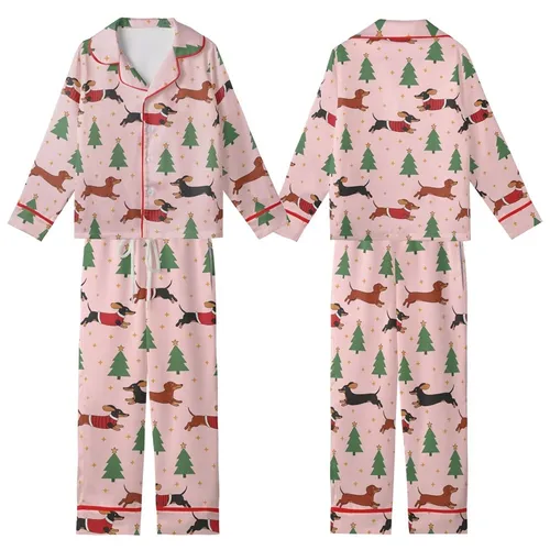Family Dachshund Christmas Pajamas: Playful Dog & Star Pastel Pink Print - Soft Knit Sleep Set Kid Satin Pajamas Set