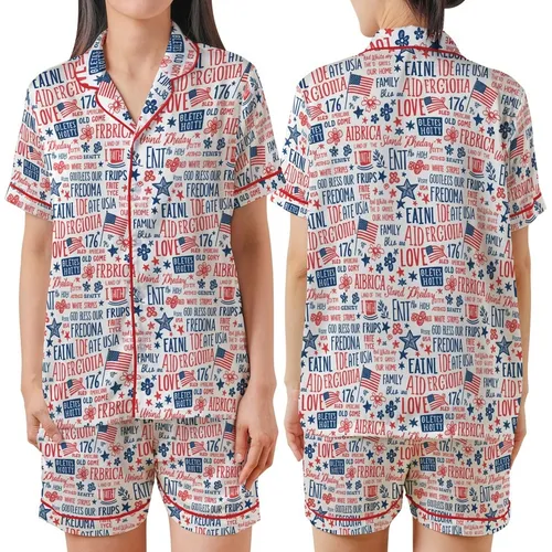 Women's Red White Blue Vintage Americana Liberty Collage Polyester Spandex Sleepwear Satin Short-Sleeve Pajamas Set
