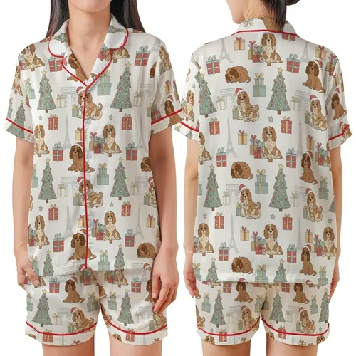 Women's Whimsical Parisian Puppy Christmas Pajamas: Cavalier King Charles Spaniel & Eiffel Tower Sleep Set Satin Short-Sleeve Pajamas Set