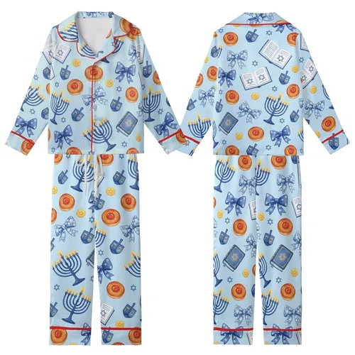 Festive Hanukkah Blue & Gold Menorah Dreidel Sufganiyot Watercolor Design Kid Satin Pajamas Set