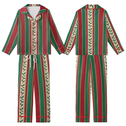 Classic Festive Stripes: Red, Green & Gold Holly Pattern - Elegant Design Print Kid Satin Pajamas Set