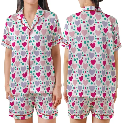 Playful Hearts Pattern: Fuchsia Pink Purple Stylized Dot Art - Whimsical White Background Print Satin Short-Sleeve Pajamas Set
