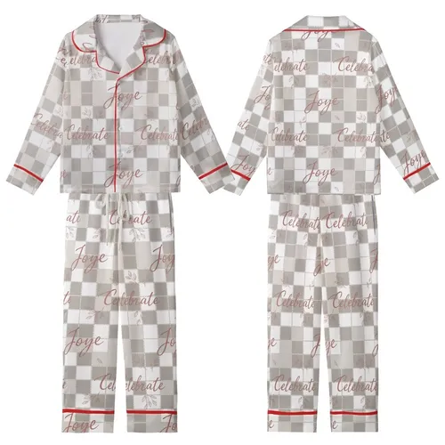 Women's Personalized Sleep Set: Taupe Gingham 'Love Joy Celebrate' Script Lounge Wear Kid Satin Pajamas Set