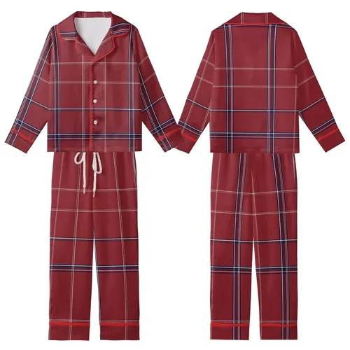 Women's Deep Crimson Tartan Plaid Flannel Sleepwear Set: Navy & White Pattern Kid Satin Pajamas Set