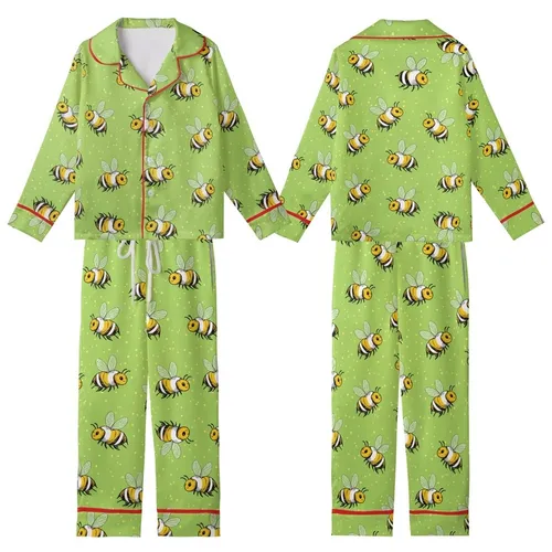 Women's Luxury Faux Silk Pajama Set: Whimsical Bee Print & Chartreuse Green Loungewear Kid Satin Pajamas Set